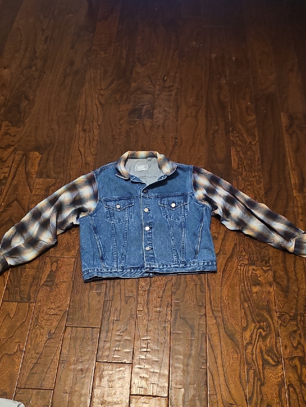 Sundance Blue Denim Jacket with Brown & Cream Plaid Sleeves